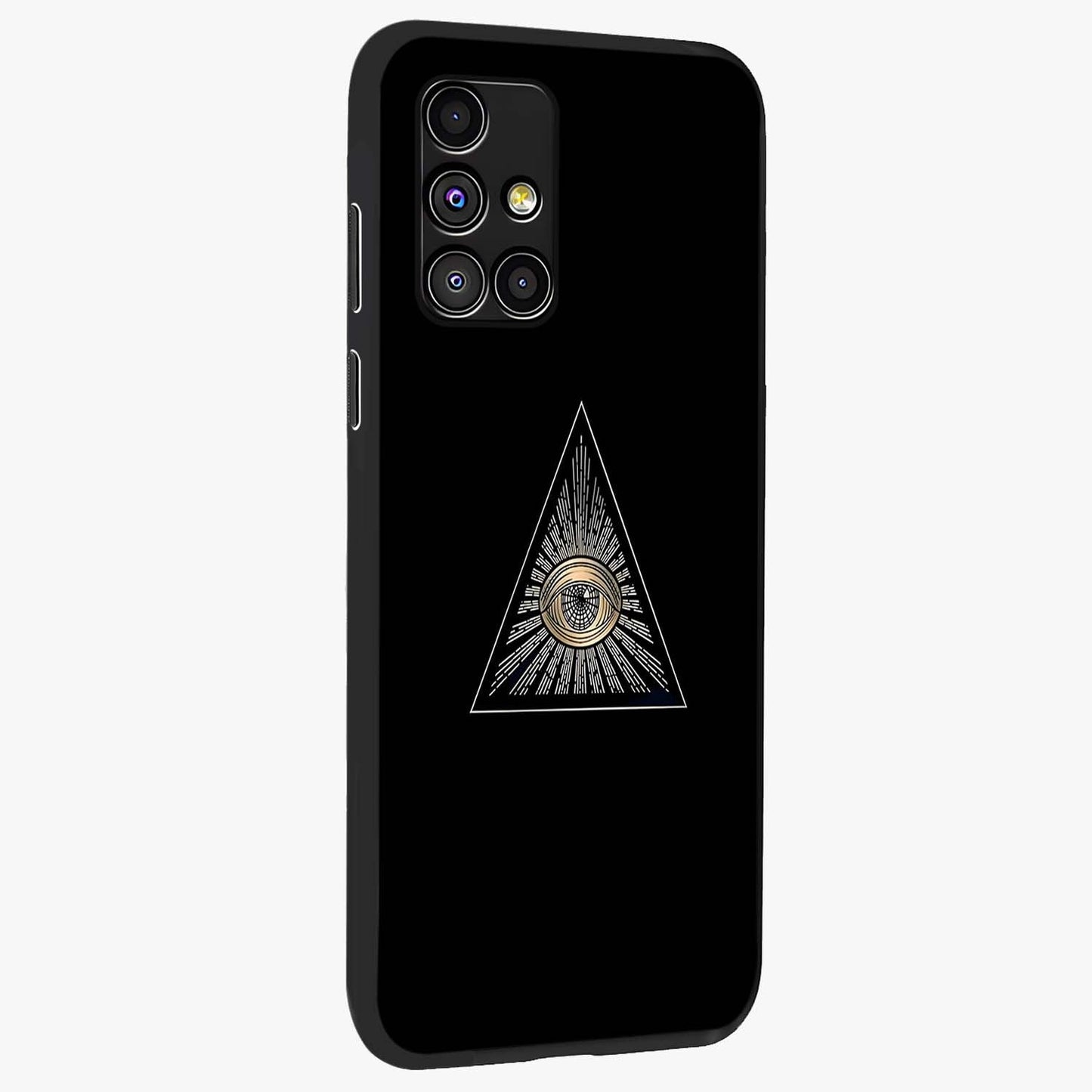 Illuminati Evil Glass Case upright view showcasing striking illuminati artwork with mysterious symbolic theme.