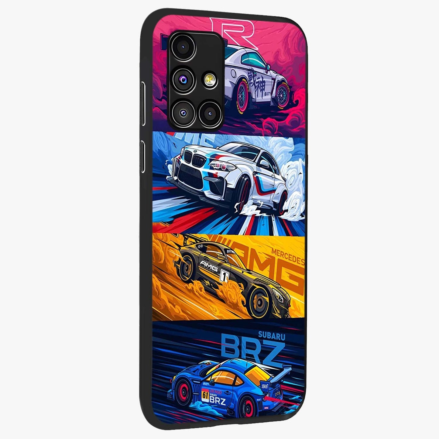 JDM Sports Car Glass Case upright view showcasing dynamic sports car artwork with bold racing theme.