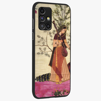 Lady With Veena Art Glass Case upright view showcasing classical veena artwork with traditional artistic theme.