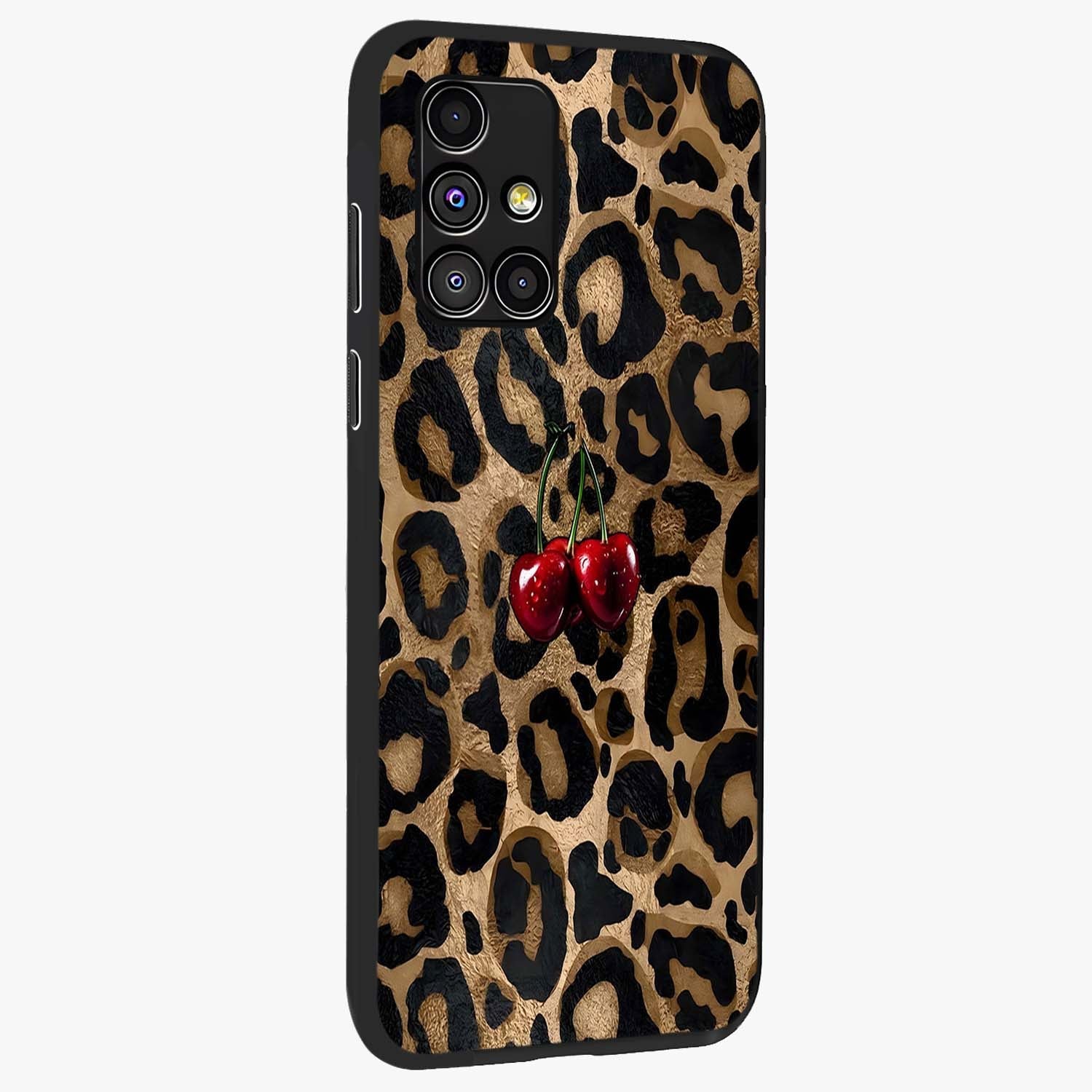 Leopard Wild Cherry Glass Case upright view showcasing stylish leopard pattern artwork with trendy fashion theme.