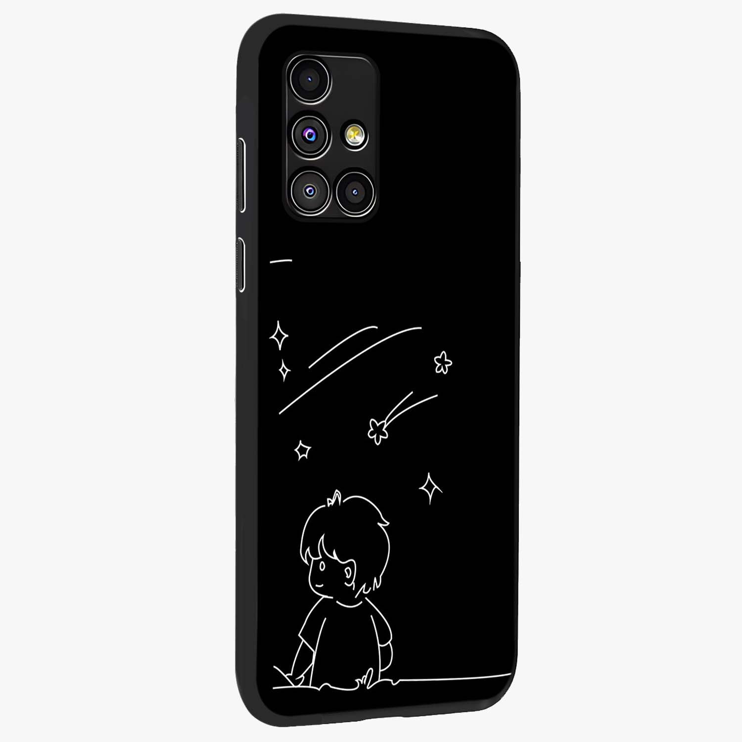 Line Art Boy With Shooting Stars Glass Case upright view showcasing artistic shooting star illustration with minimal style.