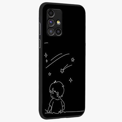 Line Art Boy With Shooting Stars Glass Case upright view showcasing artistic shooting star illustration with minimal style.