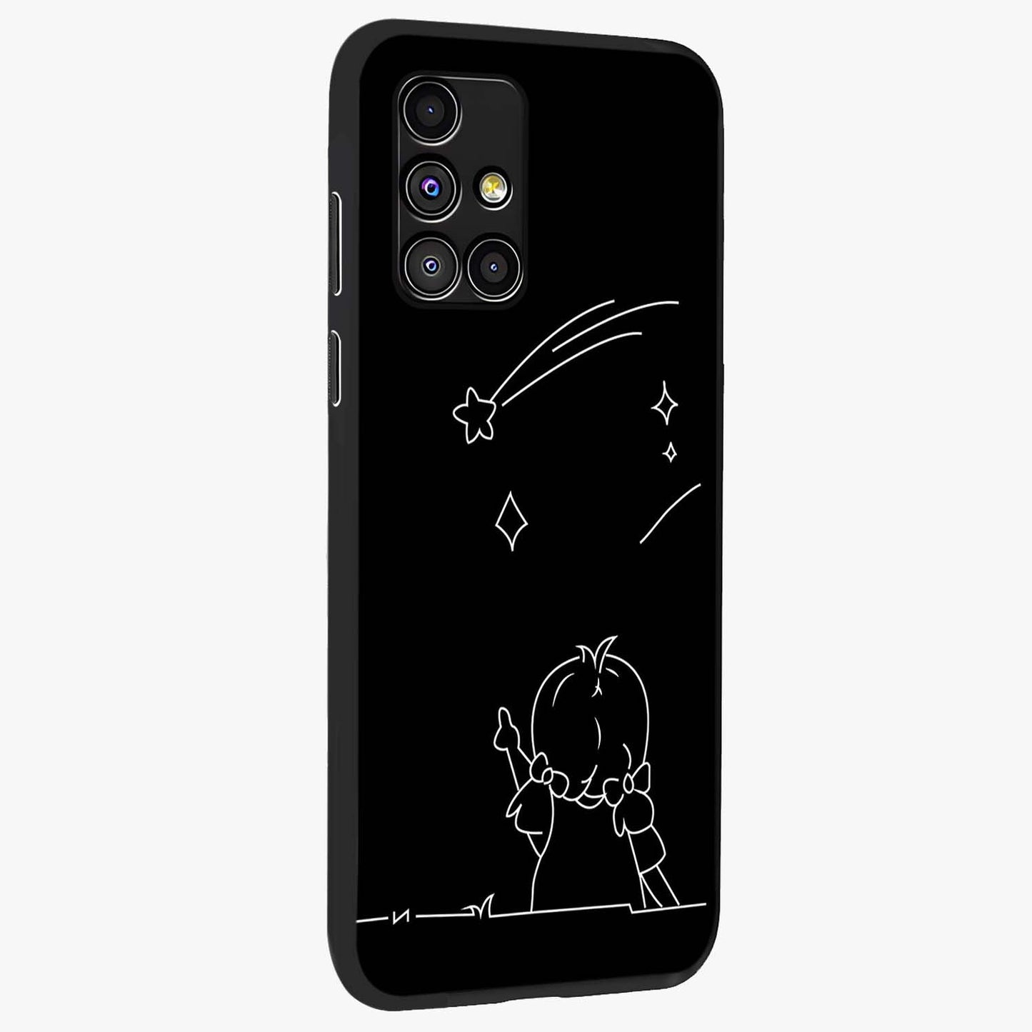 Line Art Girl With Shooting Stars Glass Case upright view showcasing delicate shooting stars artwork with minimal artistic theme.
