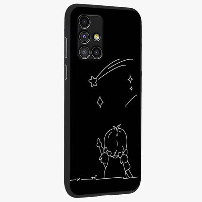 Line Art Girl With Shooting Stars Glass Case upright view showcasing delicate shooting stars artwork with minimal artistic theme.
