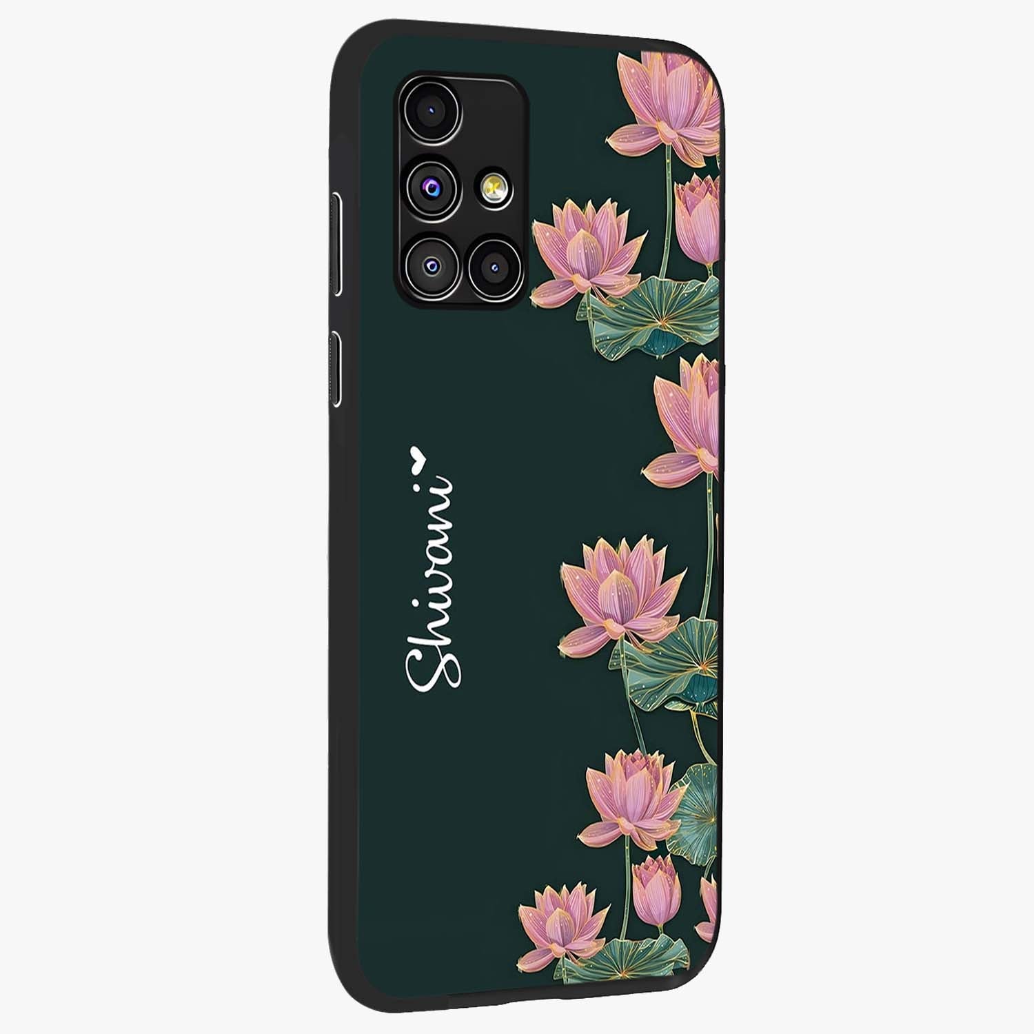 Lotus Bloom Serenity Custom Name Glass Case upright view showcasing serene lotus bloom artwork with personalized floral aesthetic.