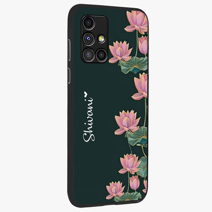Lotus Bloom Serenity Custom Name Glass Case upright view showcasing serene lotus bloom artwork with personalized floral aesthetic.