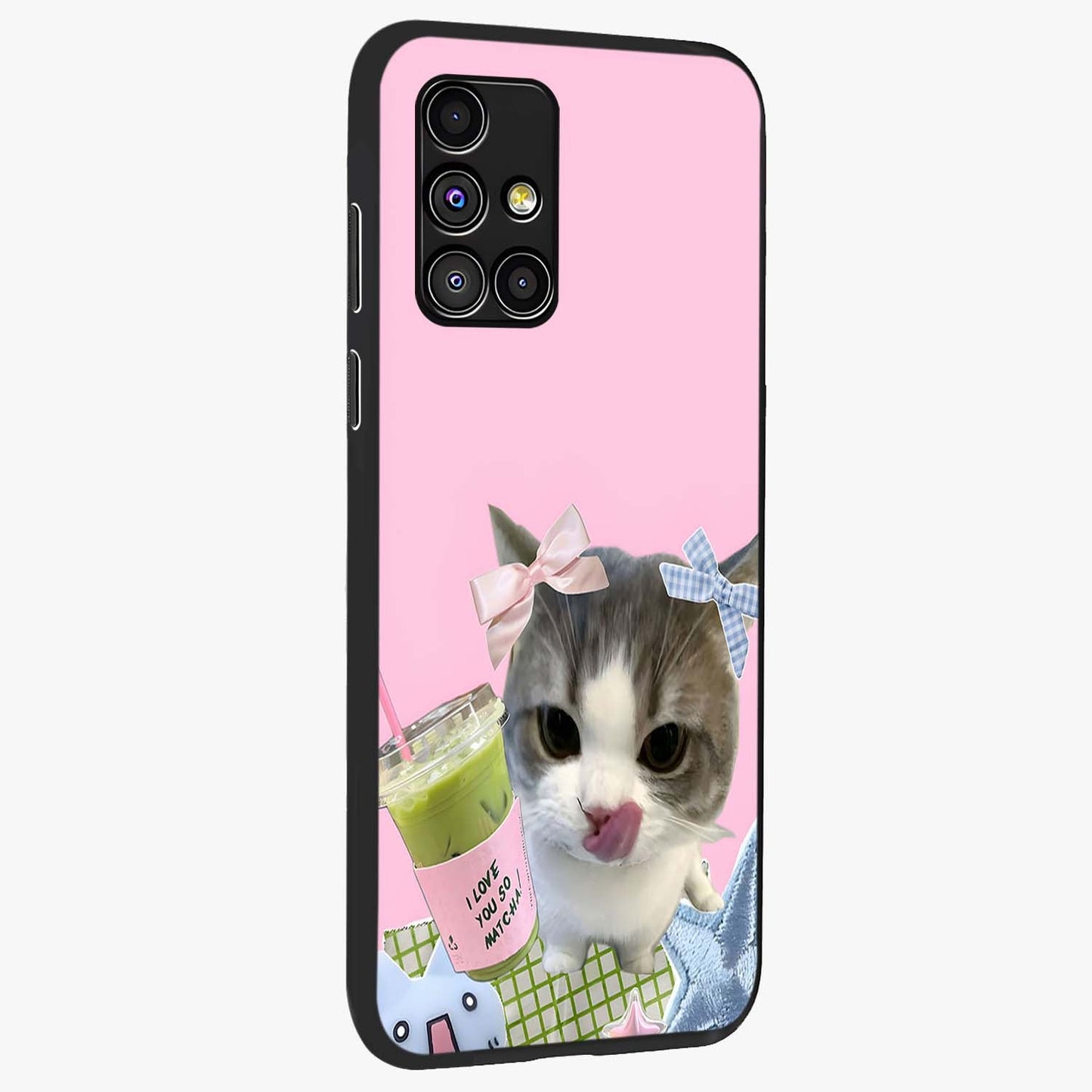 Love Matcha Cat Glass Case upright view showcasing adorable cat artwork with charming matcha themed design.