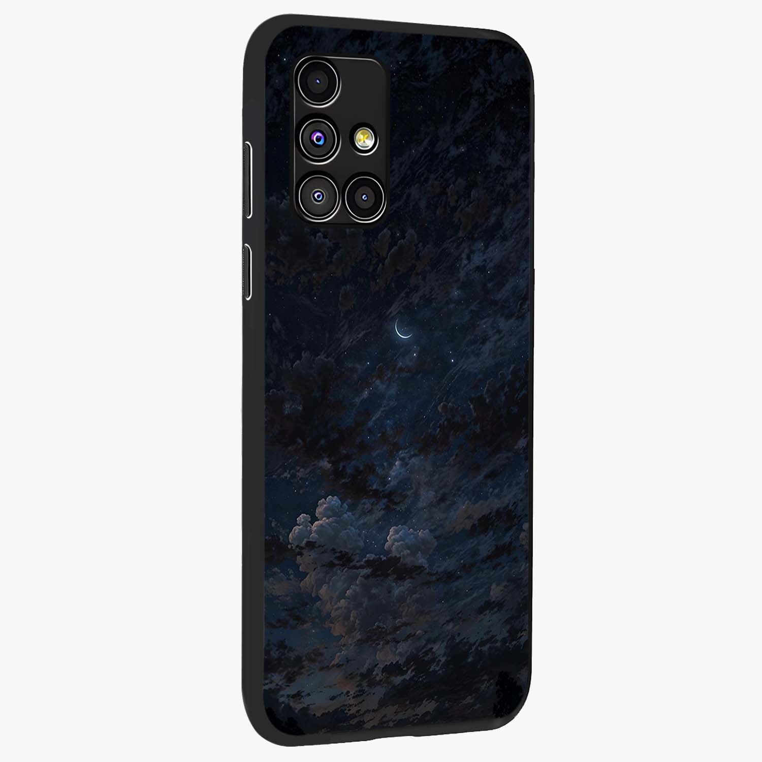 Lunar Veil Silence Glass Case upright view showcasing calm moon themed artwork with serene night atmosphere.