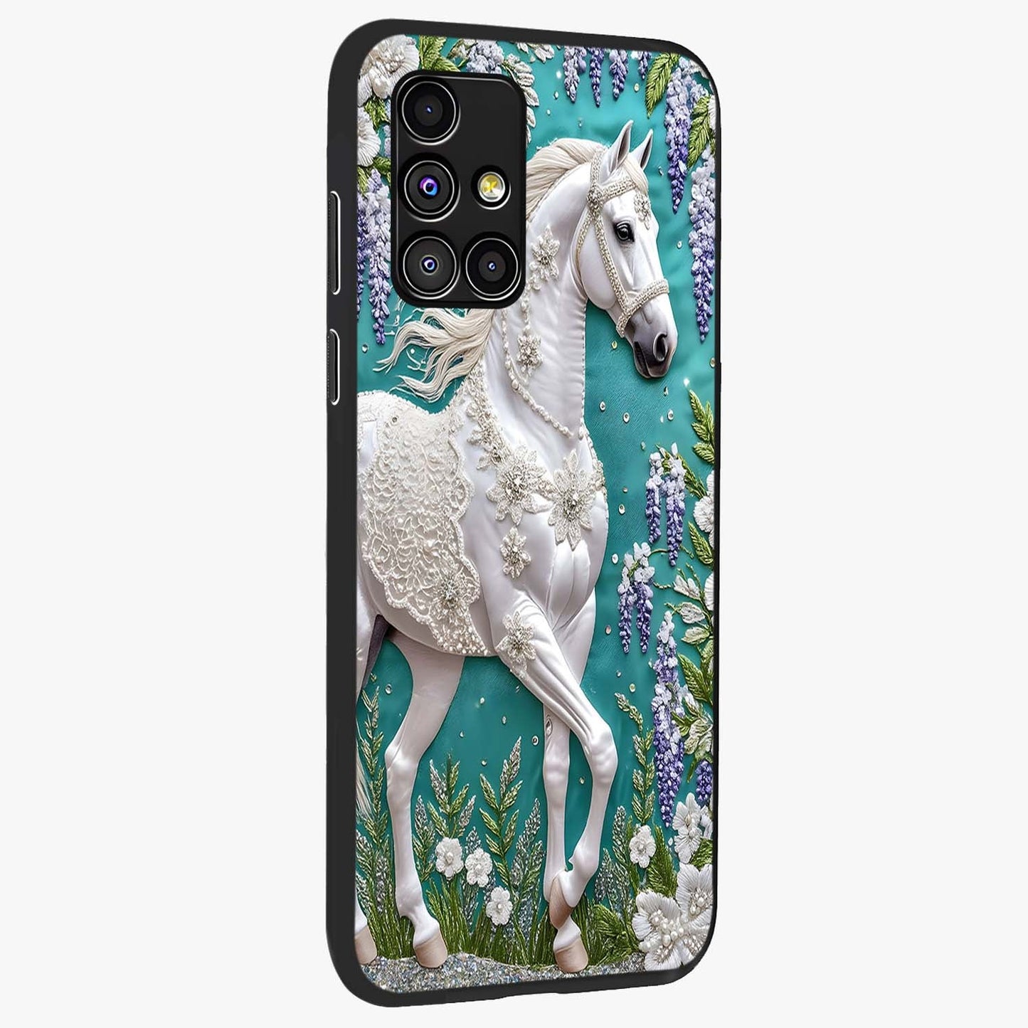 Majestic Floral Stallion Glass Case upright view showcasing dramatic horse artwork with decorative floral theme.