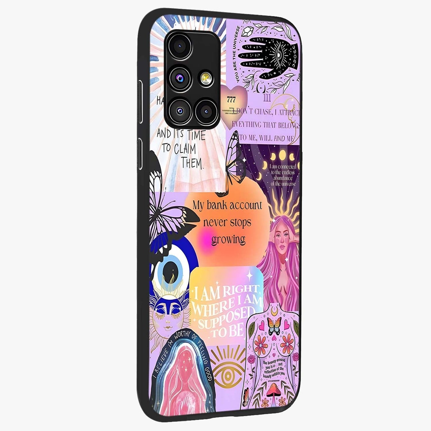 Manifestation Collage Glass Case upright view showcasing artistic manifestation themed artwork with creative style.