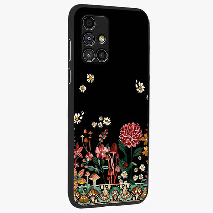 Midnight Bloom Pattern Glass Case upright view showcasing decorative floral artwork with deep night themed palette.