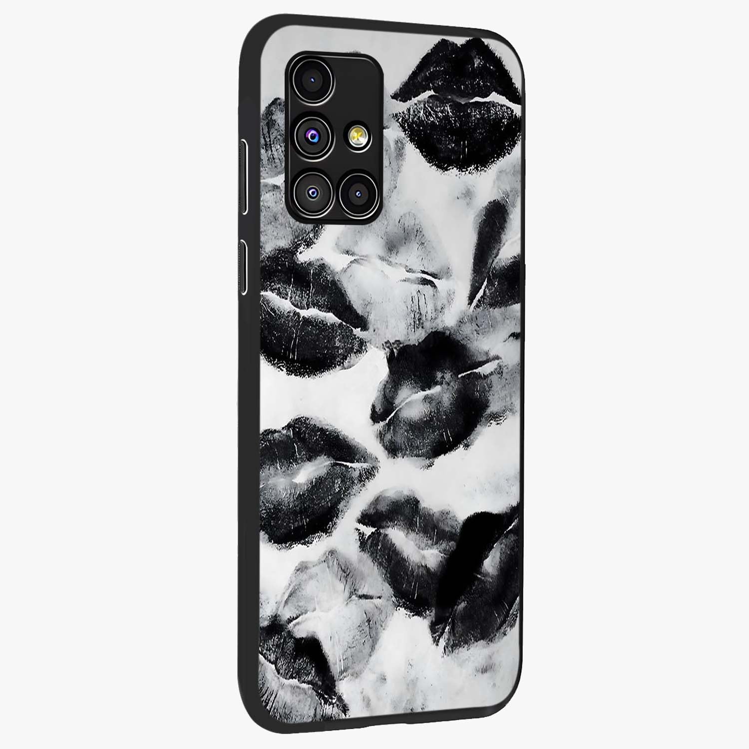 Midnight Kiss Marks Glass Case upright view showcasing stylish kiss mark artwork with trendy romantic theme.