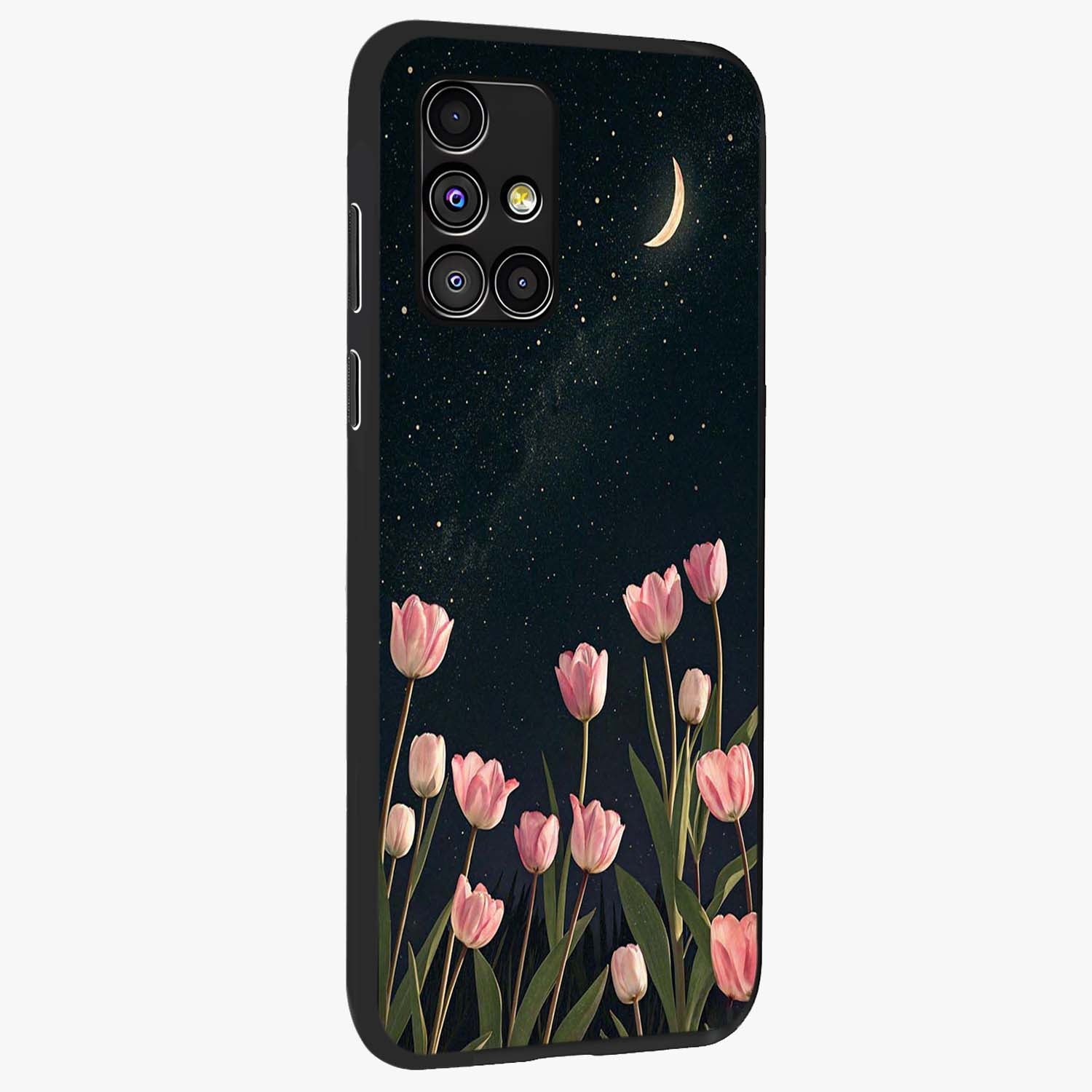 Midnight Tulip Whispers Vibe Glass Case upright view showcasing graceful tulip artwork with calm botanical theme.