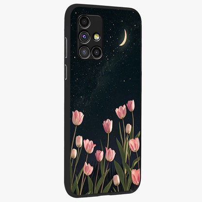 Midnight Tulip Whispers Vibe Glass Case upright view showcasing graceful tulip artwork with calm botanical theme.