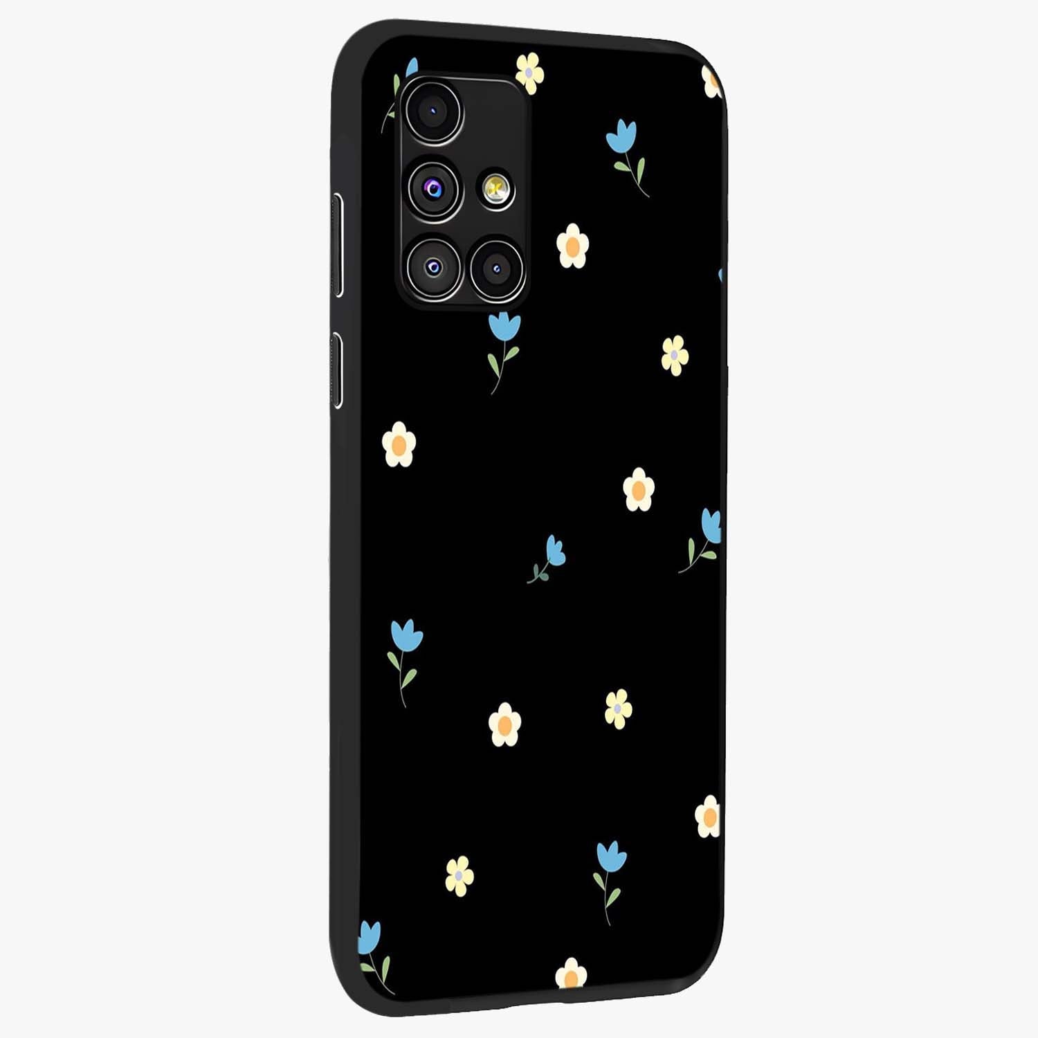 Minimal Petal Whispers Glass Case upright view showcasing elegant floral artwork with modern minimalist style.