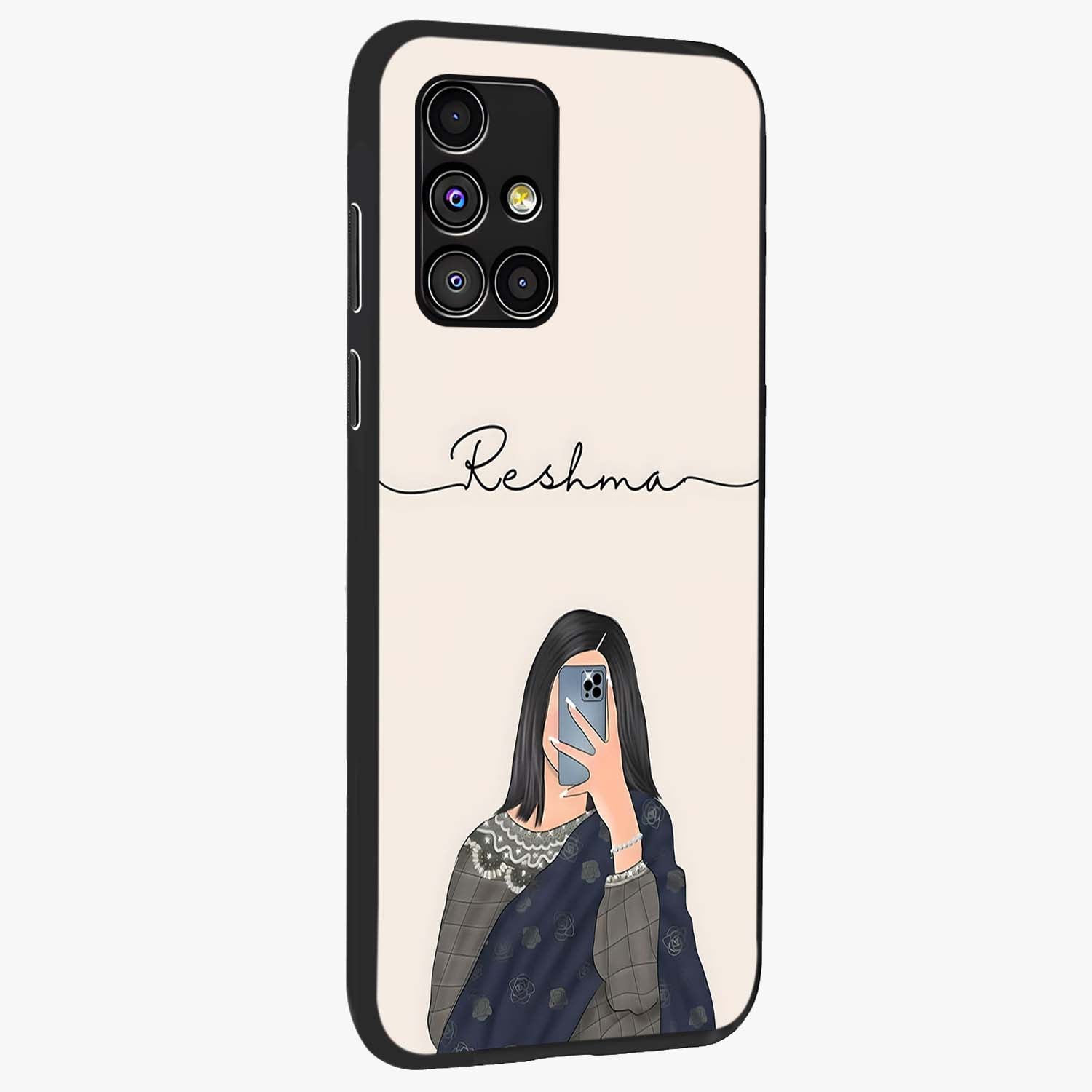Mirror Mood Muse With Custom Name Glass Case upright view showcasing artistic mirror themed artwork with personalized aesthetic.