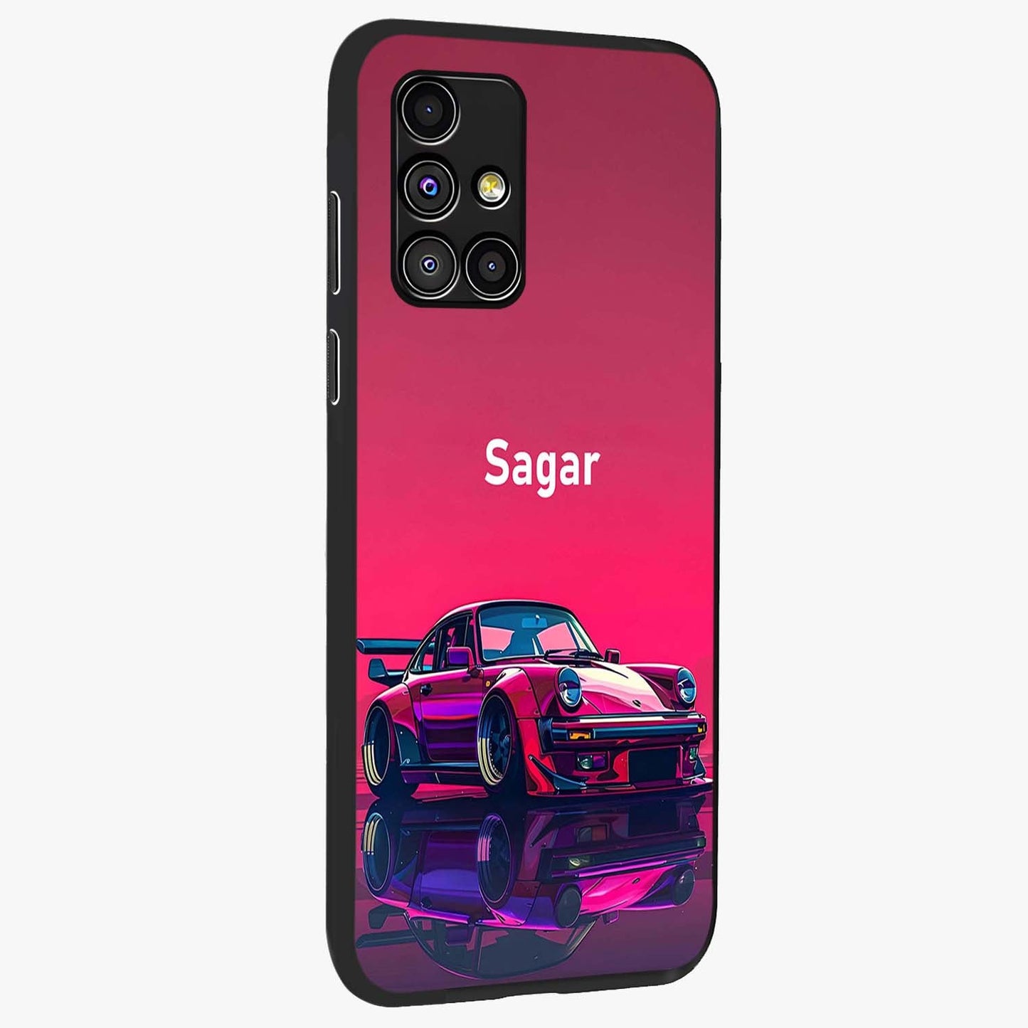 Neon Pink Porsche Glass Case upright view showcasing vibrant sports car artwork with bold automotive theme.