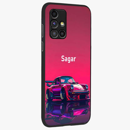 Neon Pink Porsche Glass Case upright view showcasing vibrant sports car artwork with bold automotive theme.