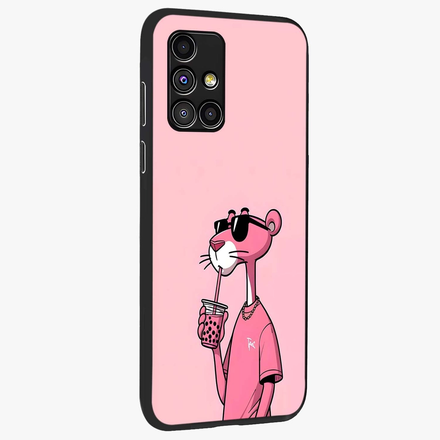 Pink Panther Glass Case upright view showcasing fun animated artwork with stylish retro cartoon theme.
