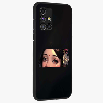 Radha Divine Embrace Glass Case upright view showcasing sacred Radha themed artwork with peaceful devotional style.