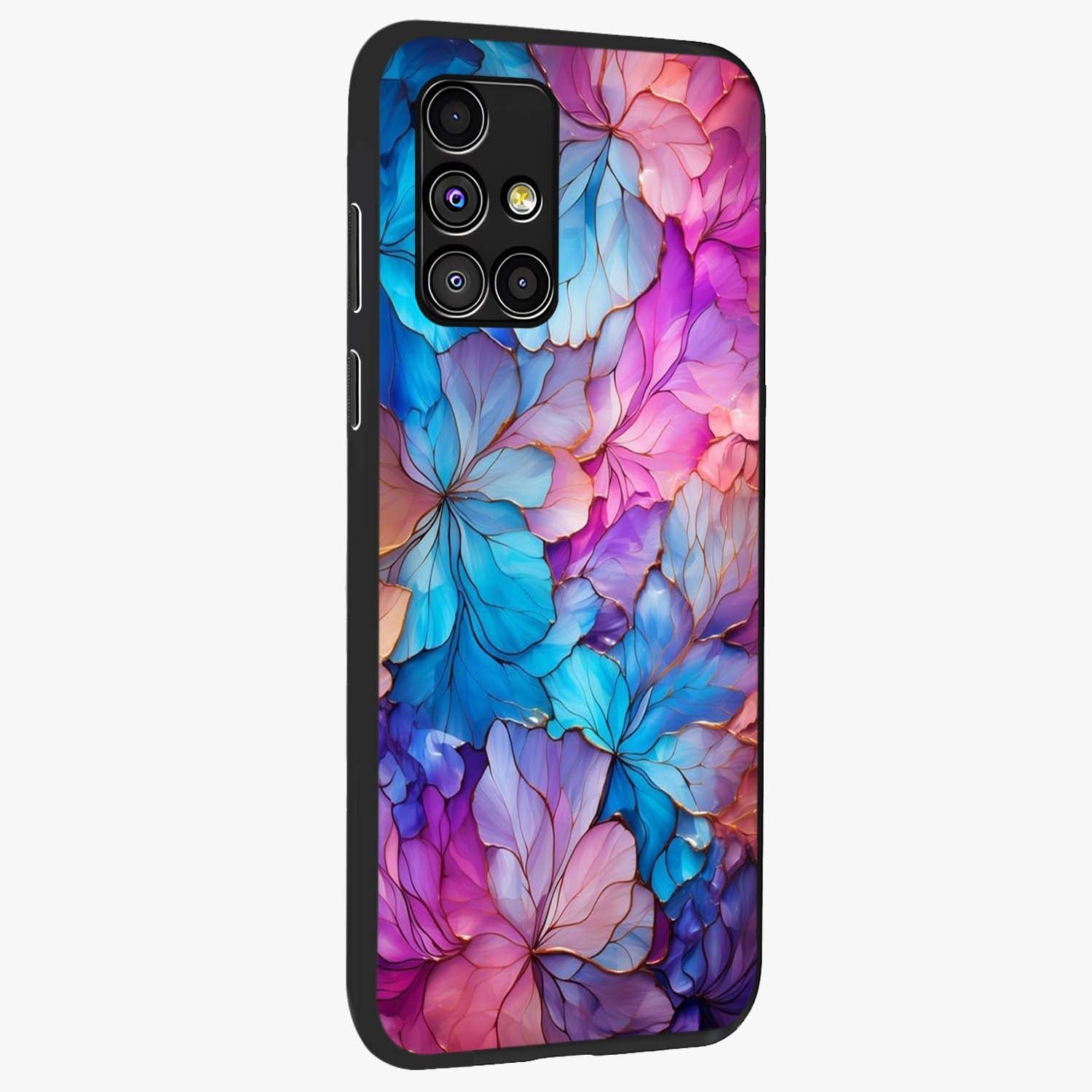 Radiant Floral Whirl Glass Case upright view showcasing lively floral artwork with decorative swirl theme.