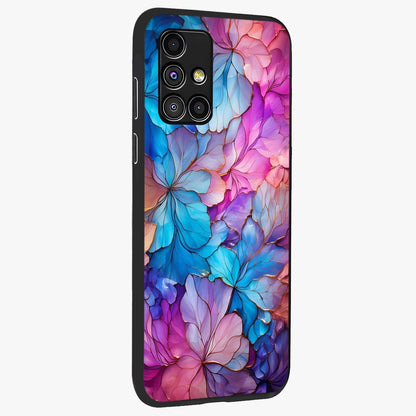 Radiant Floral Whirl Glass Case upright view showcasing lively floral artwork with decorative swirl theme.