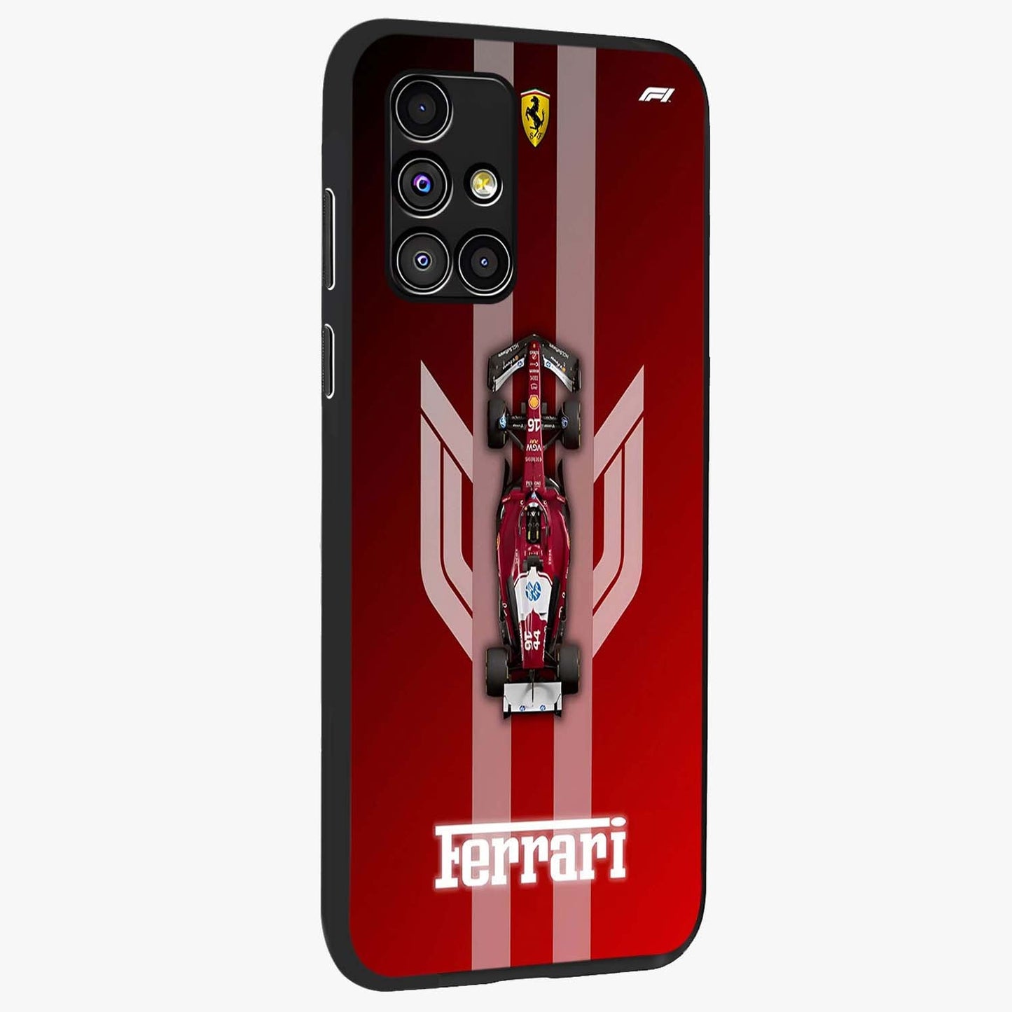 Red Ferrari F1 Vertical Glass Case upright view showcasing powerful Formula car artwork with dynamic motorsport theme.