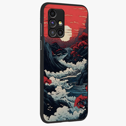 Red Sunset Scenery Glass Case upright view showcasing dramatic sunset scenery artwork with warm nature theme.