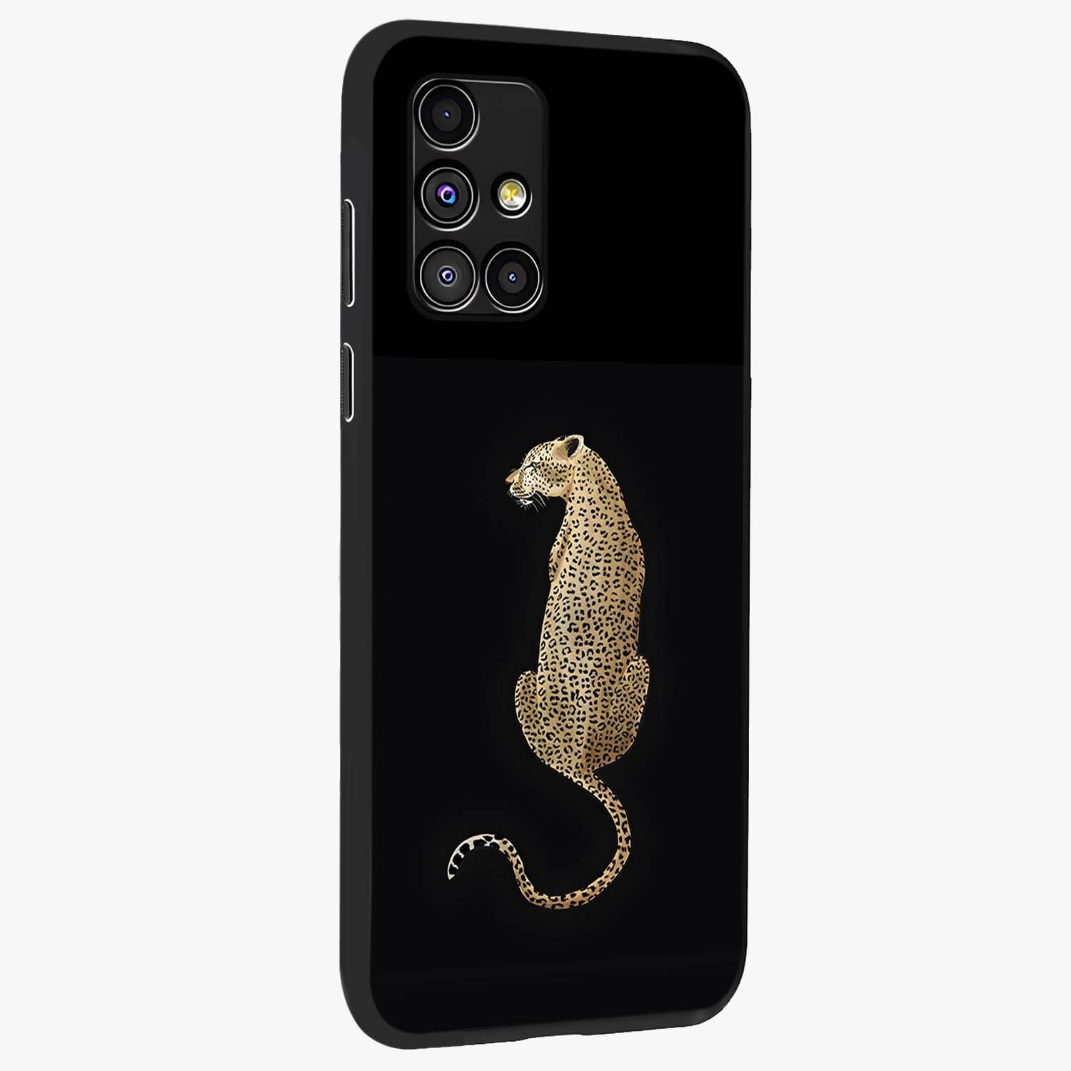 Regal Leopard Glass Case upright view showcasing striking leopard artwork with fierce wildlife theme.
