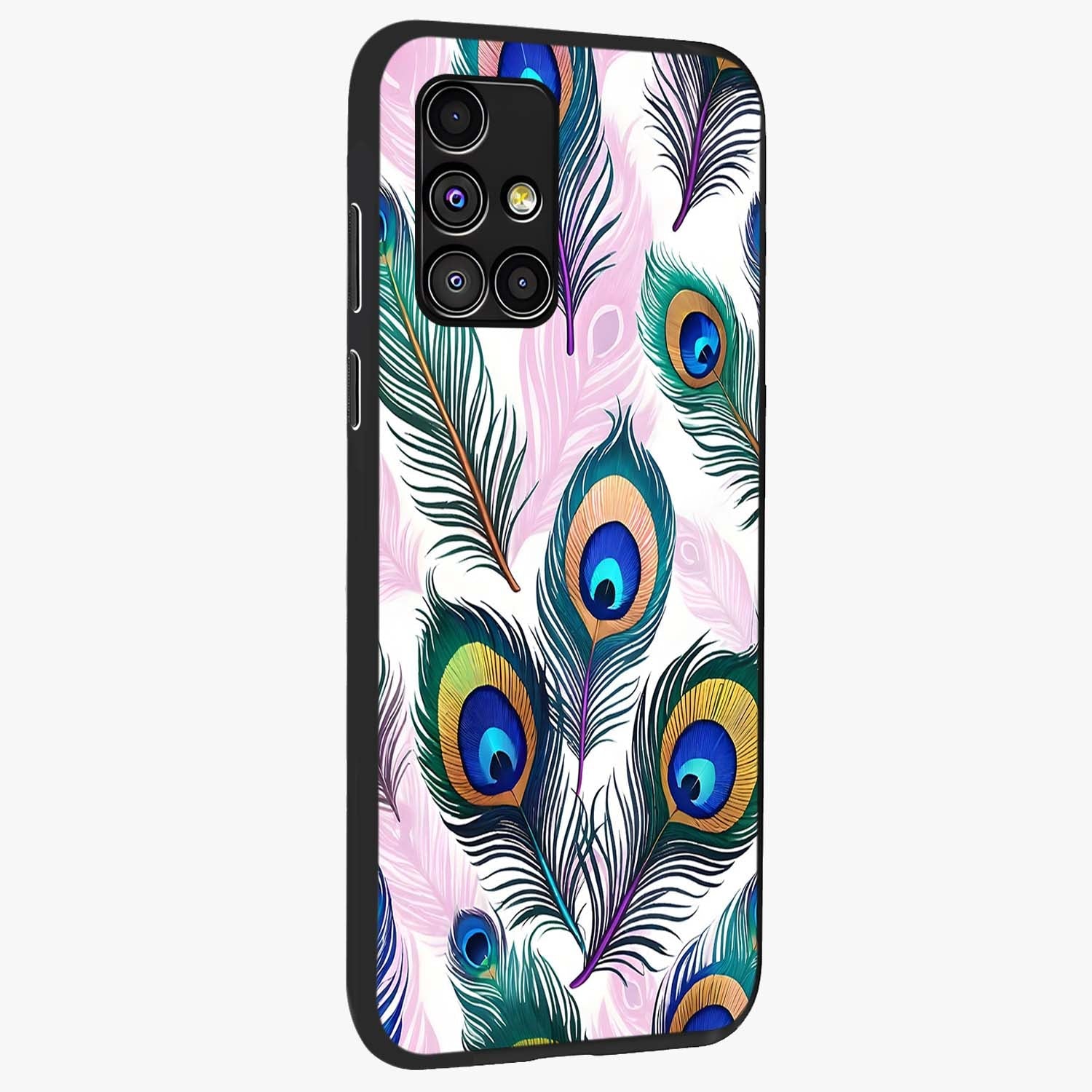 Royal Peacock Feathers Glass Case upright view showcasing elegant peacock feather artwork with decorative royal theme.