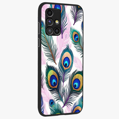Royal Peacock Feathers Glass Case upright view showcasing elegant peacock feather artwork with decorative royal theme.