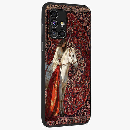 Royal Rider Tapestry Glass Case upright view showcasing detailed rider artwork with classic tapestry theme.
