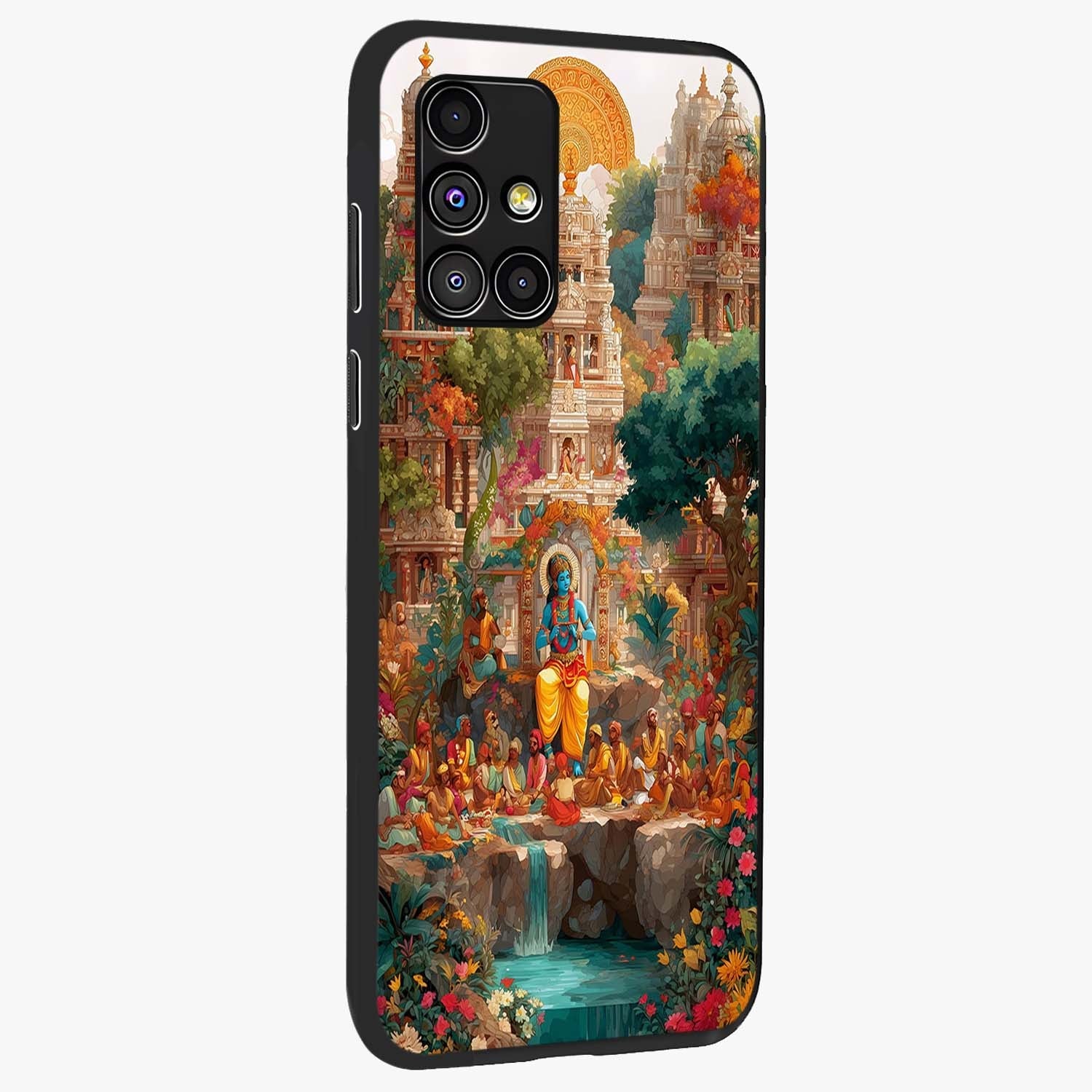 Sacred Sunlight Gods Glass Case upright view showcasing glowing divine artwork with sacred mythological theme.