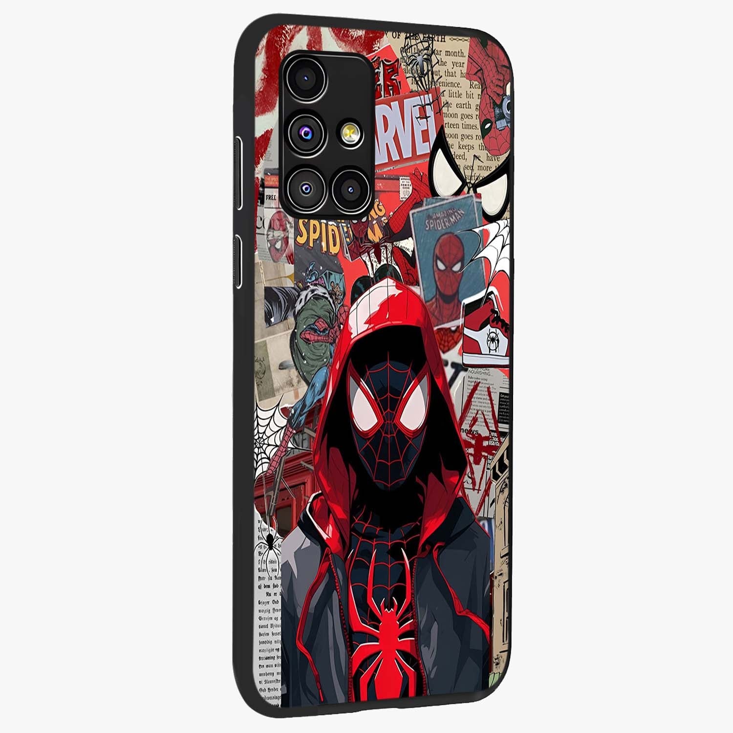 Spider Collage Street Glass Case upright view showcasing bold superhero artwork with urban street theme.