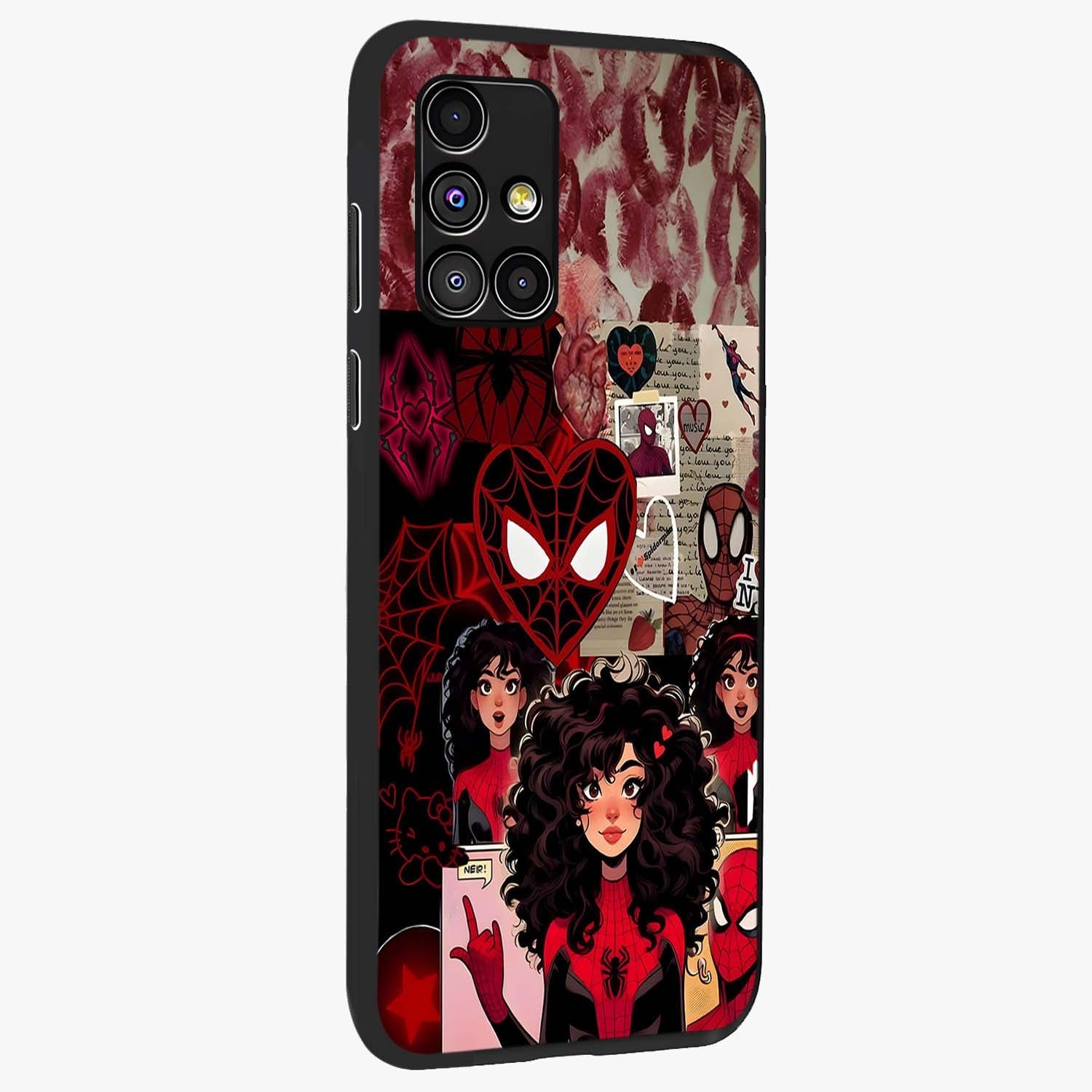 Spider Love Story Glass Case upright view showcasing charming superhero artwork with romantic comic theme.