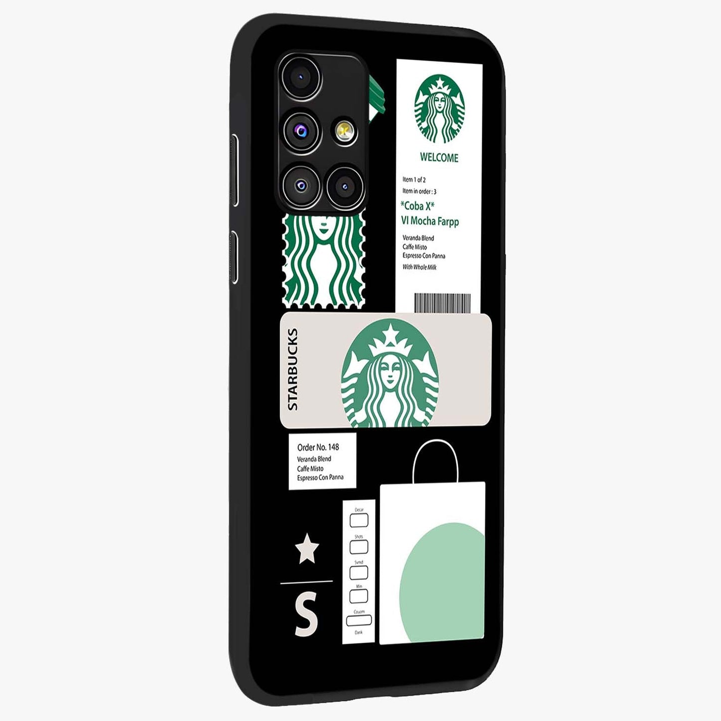 Starbucks Mocha Glass Case upright view showcasing trendy coffee inspired artwork with modern lifestyle theme.