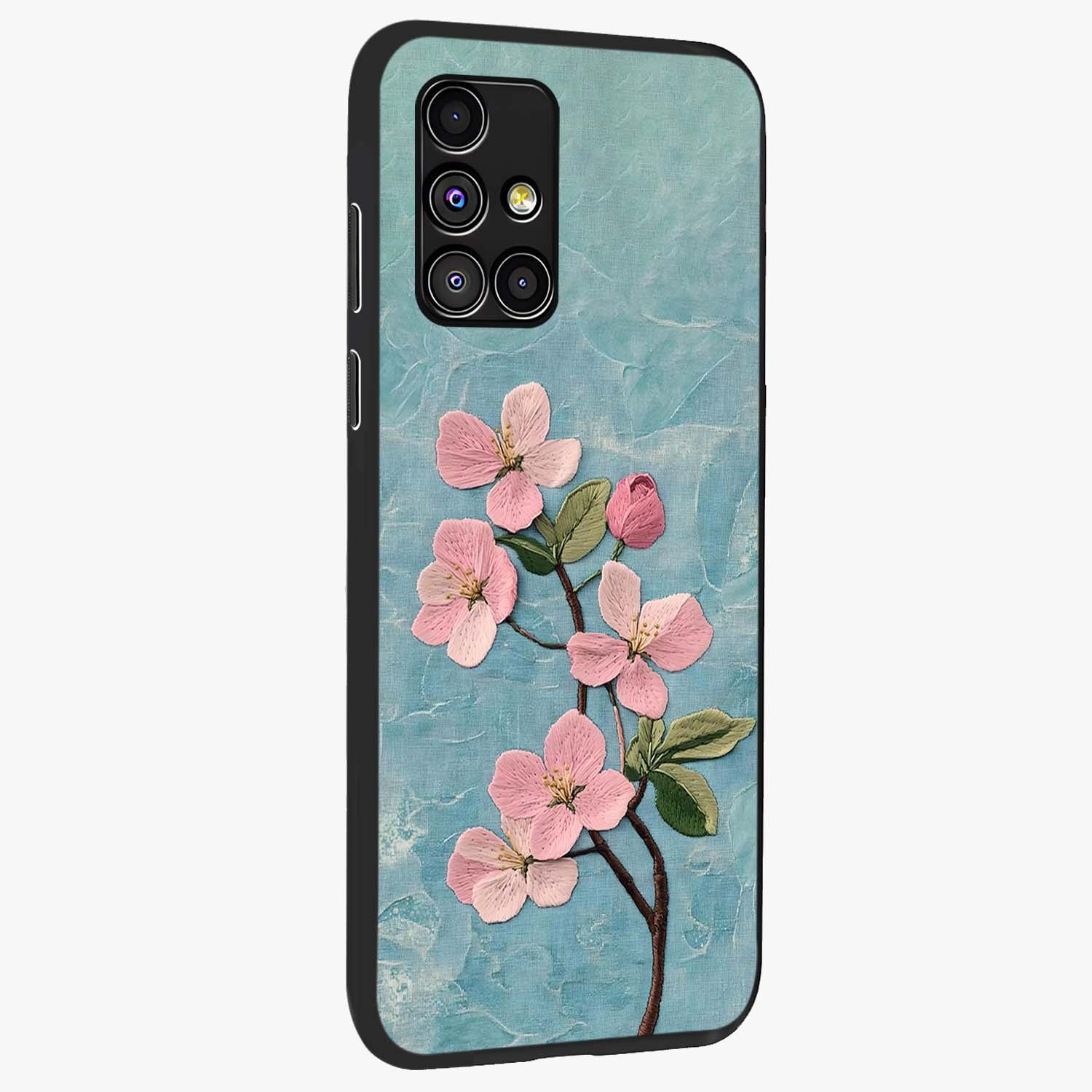 Threaded Blossom Breeze Glass Case upright view showcasing graceful flower artwork with calm botanical theme.