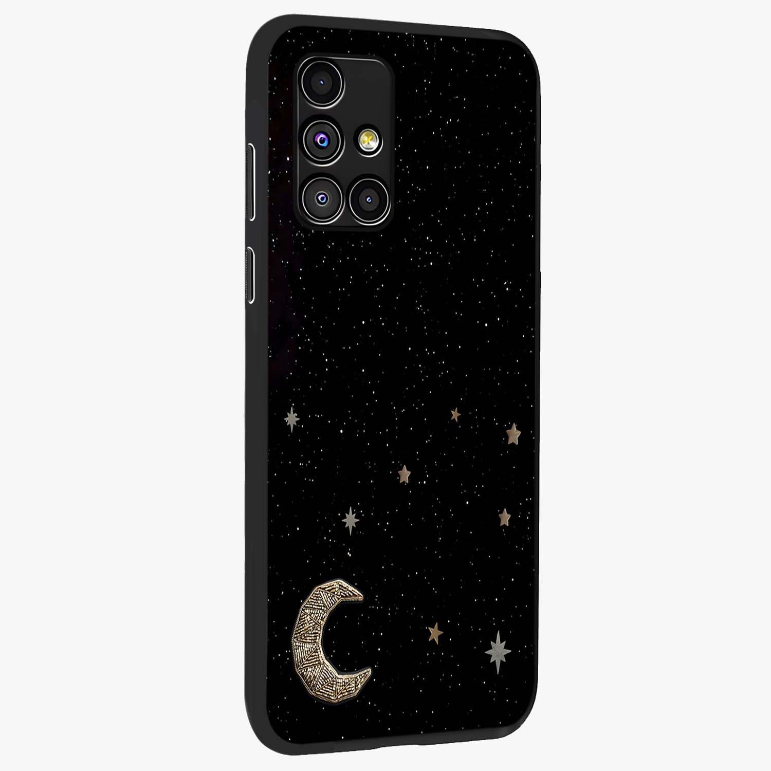 Twinkle Star With Half Moon Glass Case upright view showcasing glowing cosmic artwork with dreamy night theme.