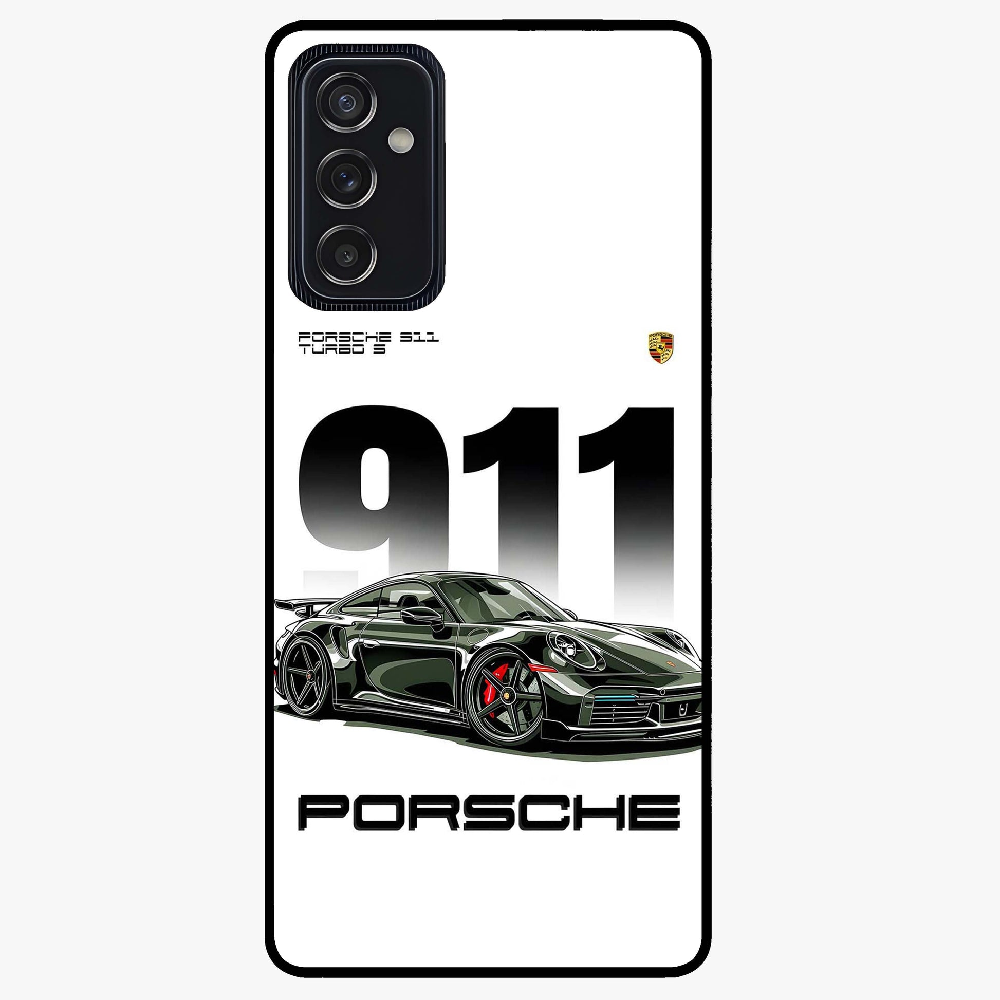 911 Turbo Dominance Glass Case showing clean flat back view with bold 911 sports car artwork and glossy glass finish.