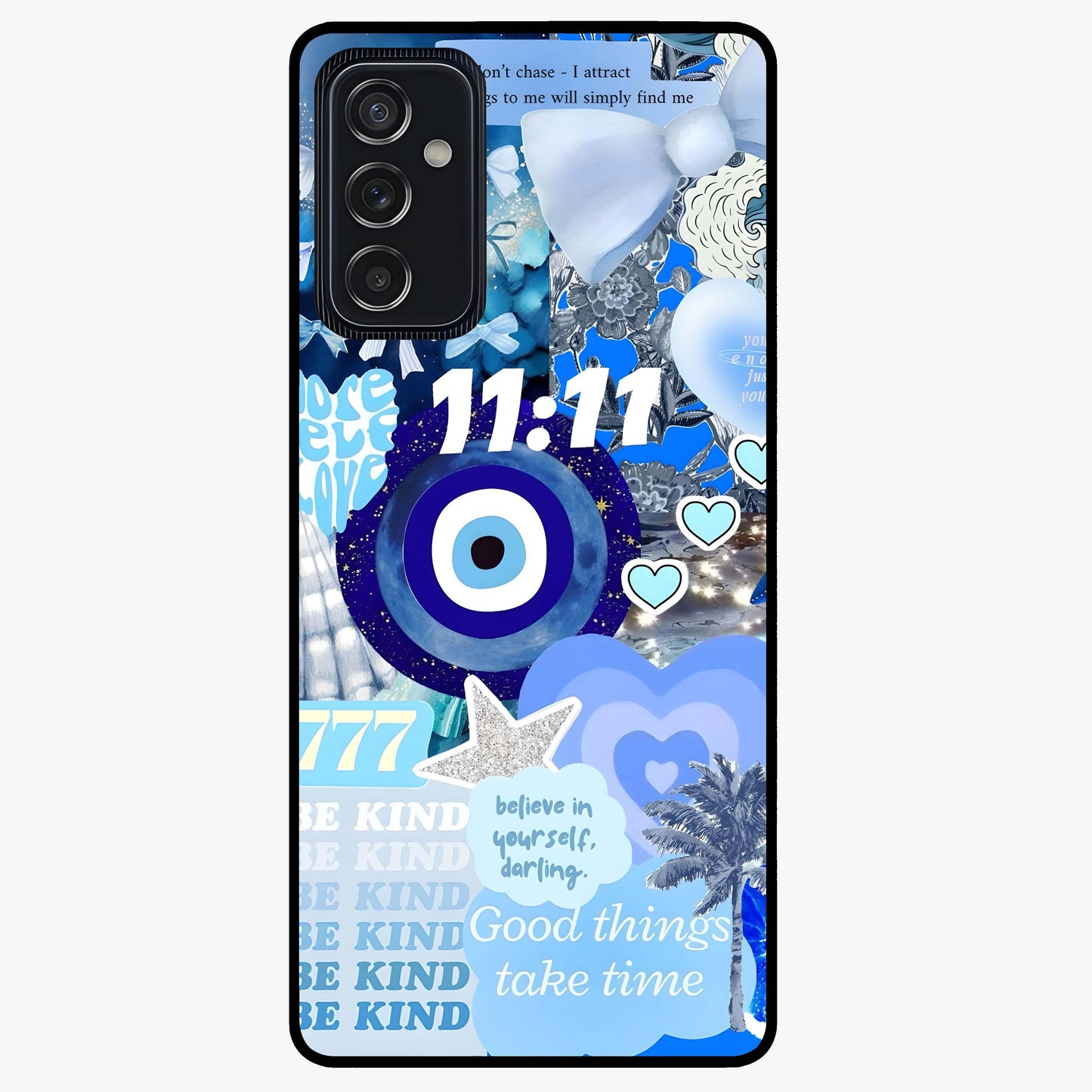 Aesthetic Be Kind Eye Glass Case showing flat back view with motivational eye artwork and glossy glass finish.