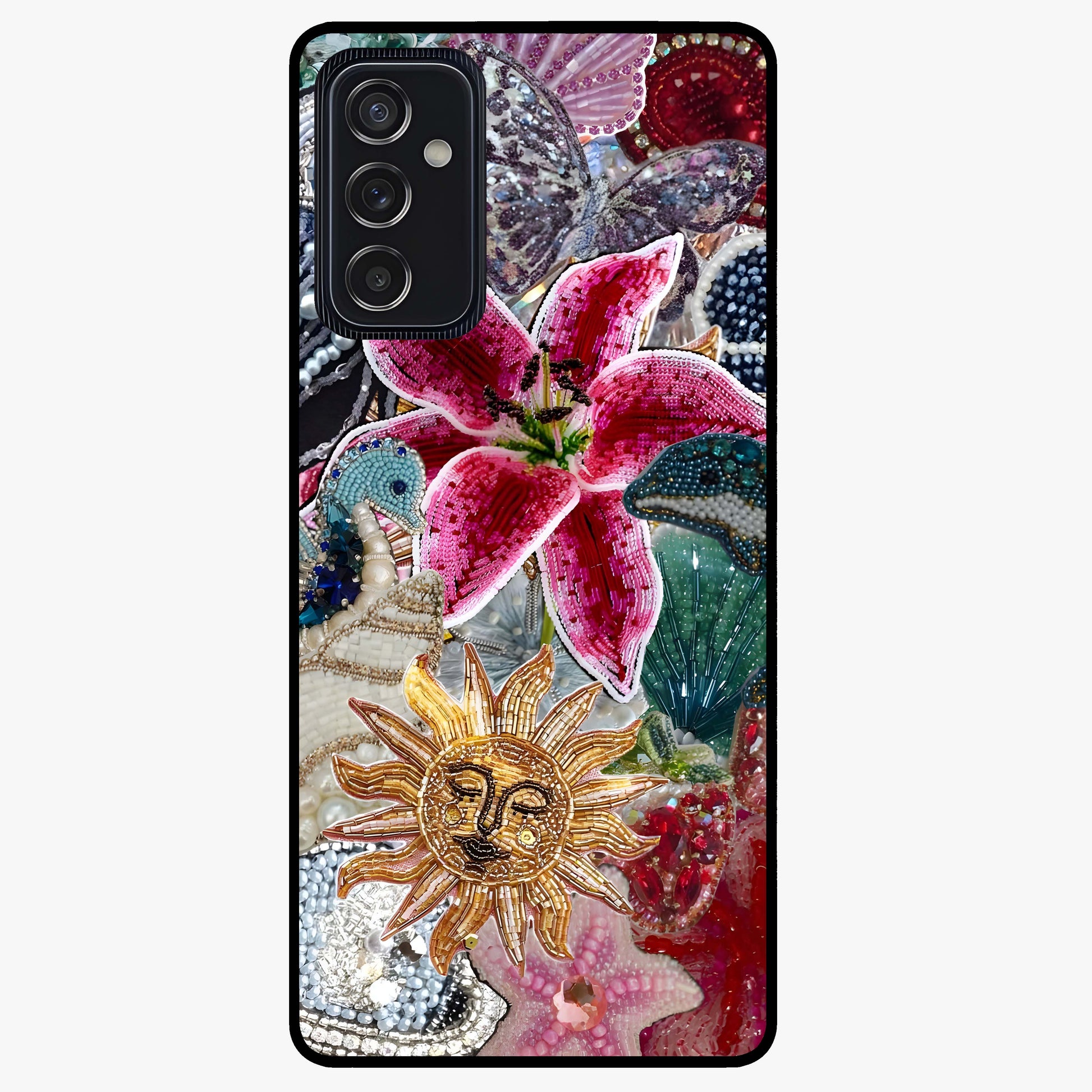 Beaded Garden Fantasy Glass Case showing flat back view with dreamy garden bead artwork and glossy glass finish.