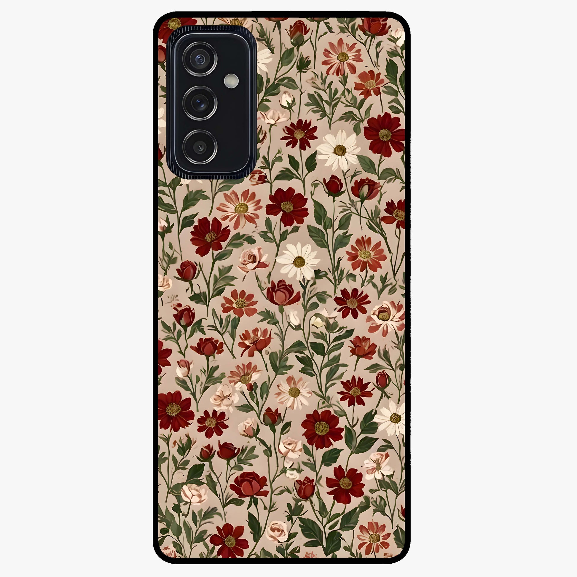 Biege Flower With Leaf Glass Case showing flat back view with soft beige floral artwork and glossy glass finish.