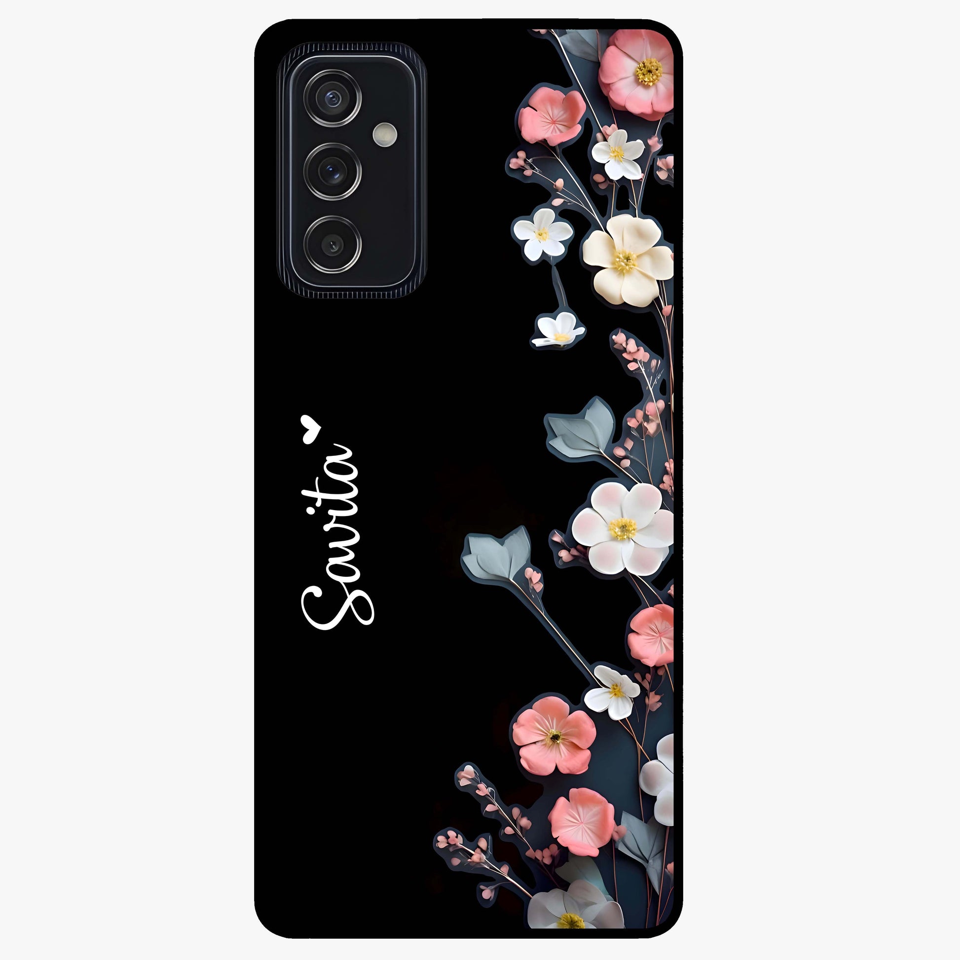 Black Elegance Floral Custom Name Glass Case showing flat back view with elegant floral artwork and personalized name design.