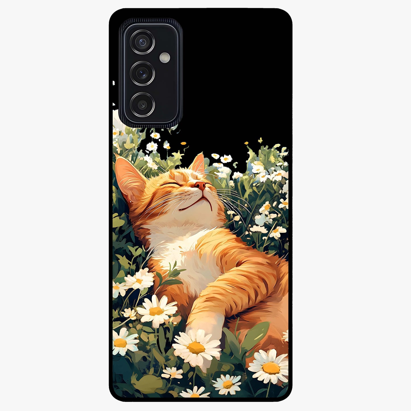 Blissful Bloom Cat Glass Case showing flat back view with cute cat and floral bloom artwork and glossy glass finish.
