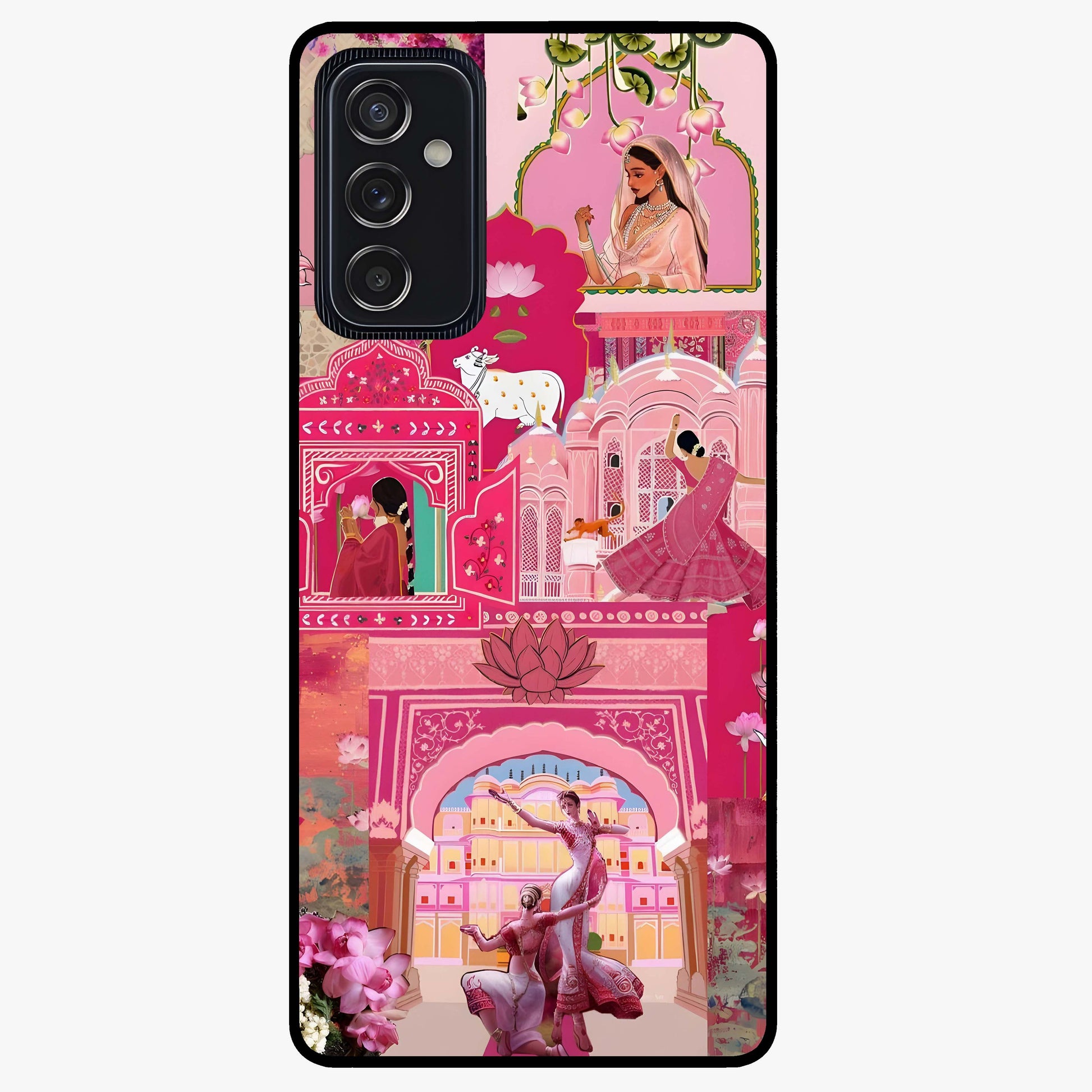 Blossoms of Rajasthan Glass Case showing flat back view with traditional floral artwork inspired by Rajasthan and glossy glass finish.