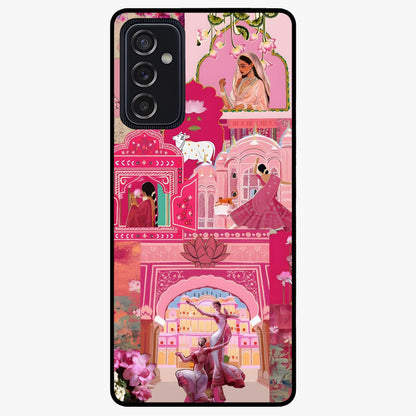 Blossoms of Rajasthan Glass Case showing flat back view with traditional floral artwork inspired by Rajasthan and glossy glass finish.