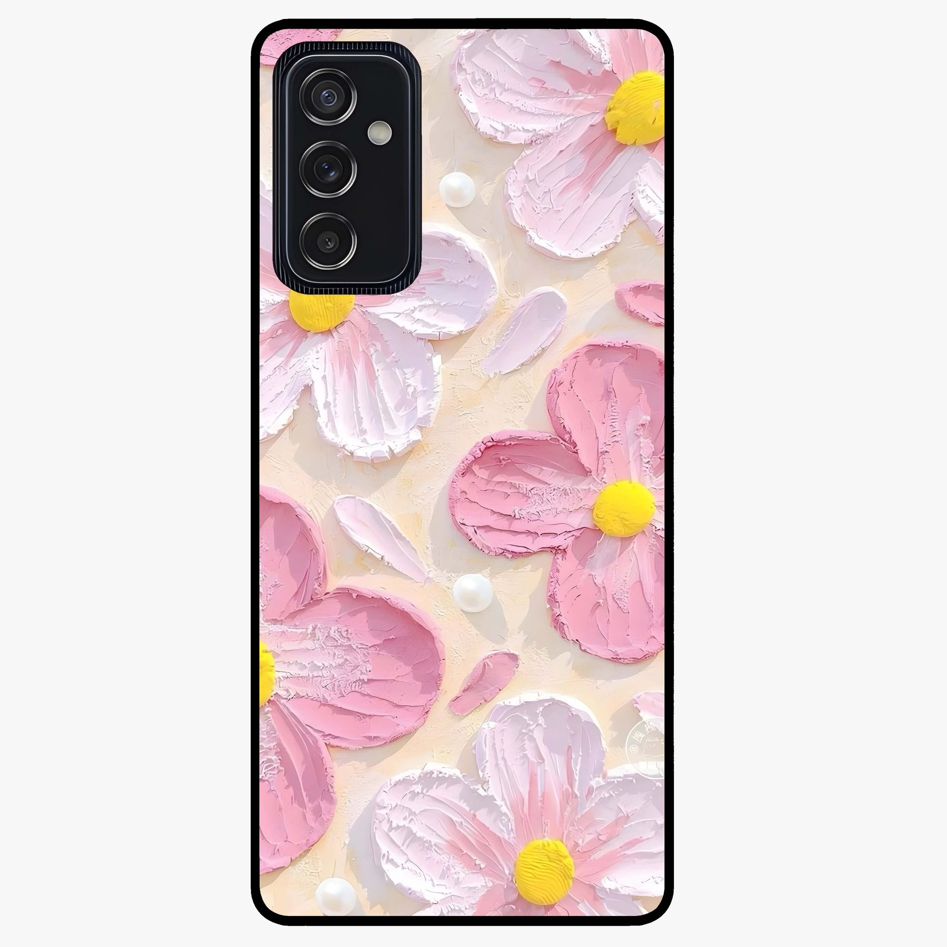 Blush Bloom Texture Glass Case showing flat back view with soft blush floral texture artwork and glossy glass finish.