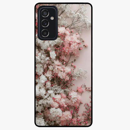 Blush Blossom Cloud Glass Case showing flat back view with dreamy blush cloud blossom artwork and glossy glass finish.