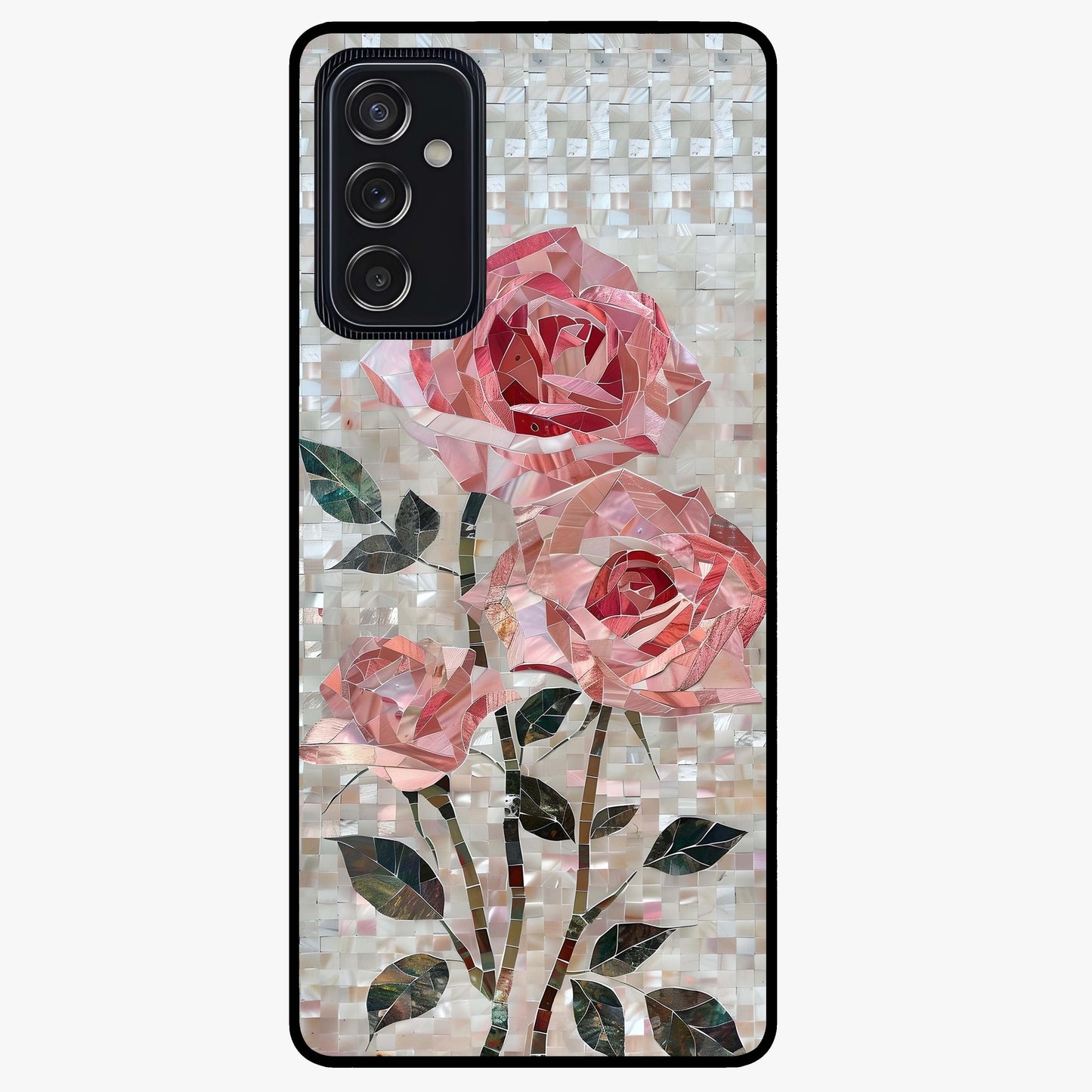 Blush Mosaic Bloom Glass Case showing flat back view with mosaic floral bloom artwork and glossy glass finish.