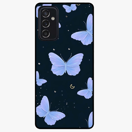 Butterfly With Stars Pattern Glass Case showing flat back view with butterfly and star pattern artwork and glossy glass finish.